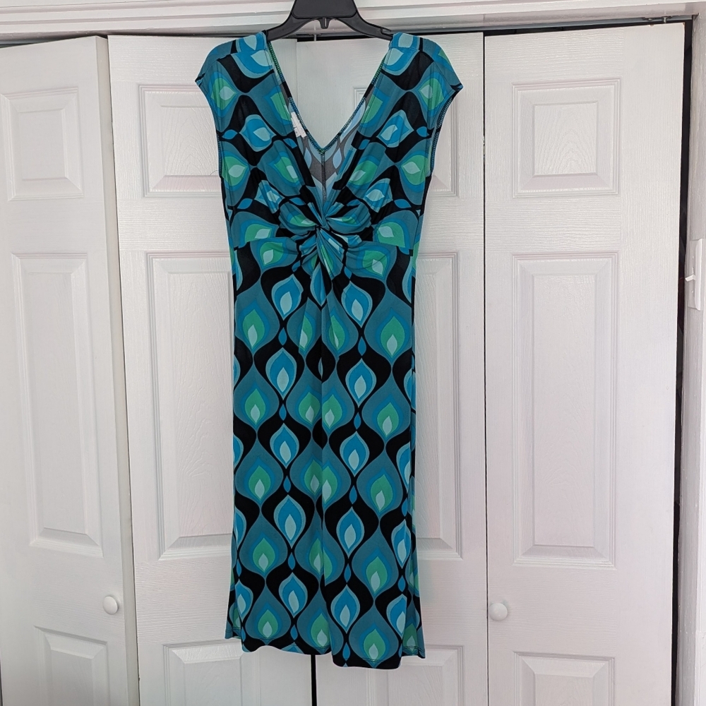 Vintage Retro Geometric Twist Front Dress 🌀 Teal & Black | Size 4